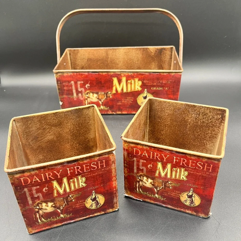 Vtg-Style Dairy Fresh Milk Metal Nesting Crates Tin 3 Piece‎ Set Farmhouse Decor